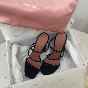Women Amina Muaddi Black Naima Crystal Heeled Sandal